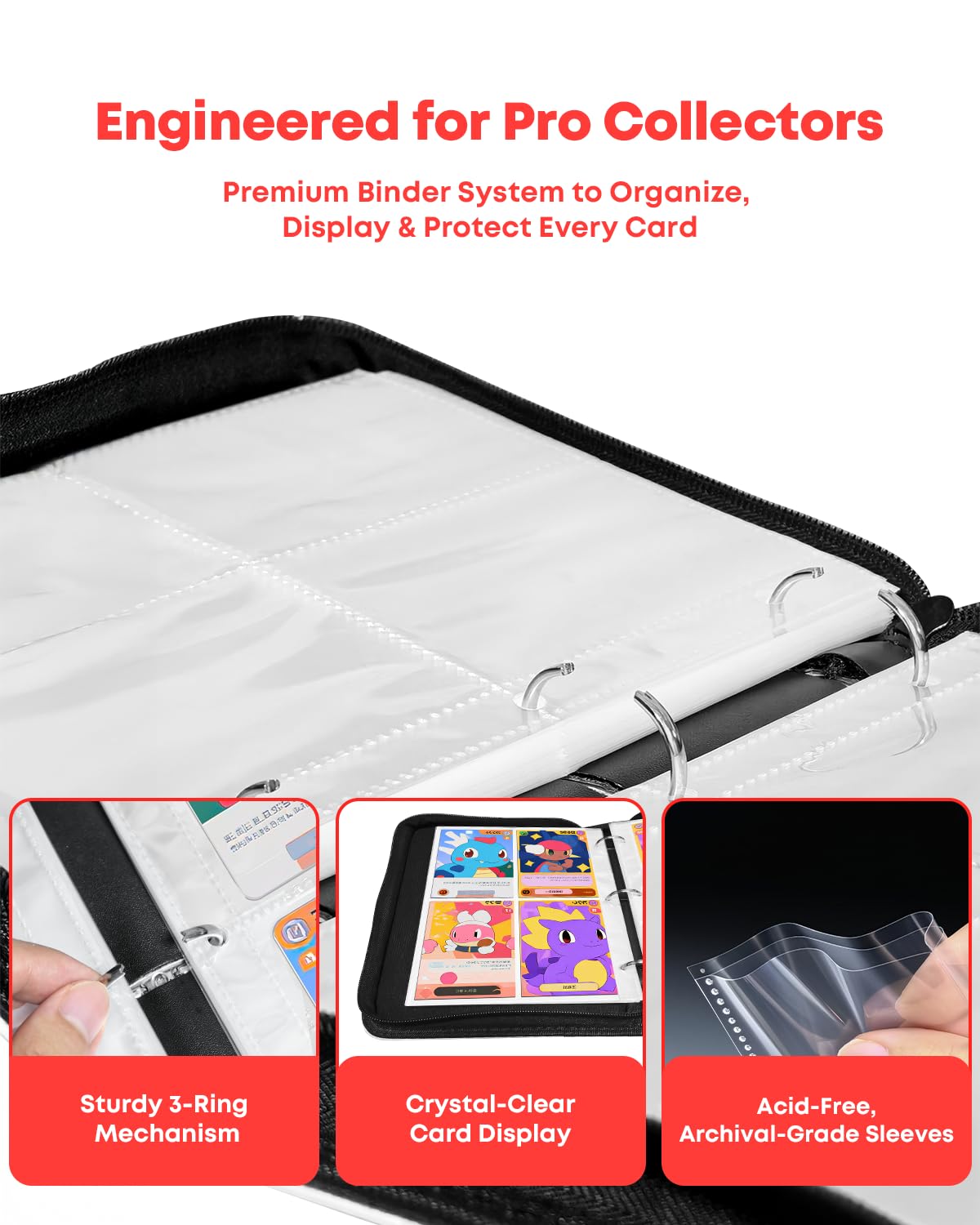 Excdesolns three-ring binder enabling easy page swaps and expansion as collections grow.