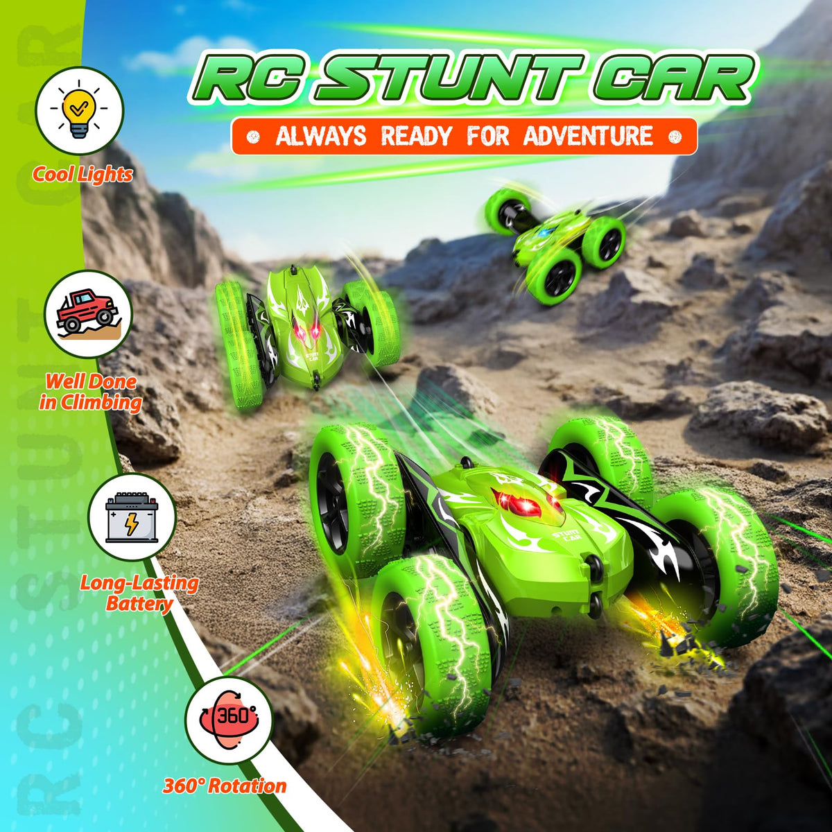 Excitobo RC car performing a 360 flip for dynamic stunts