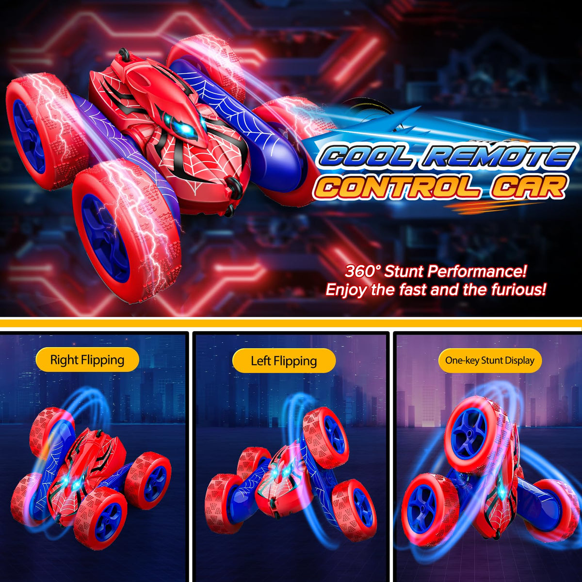 Excitobo 360-stunt-master shows spins and upright driving for dynamic play.