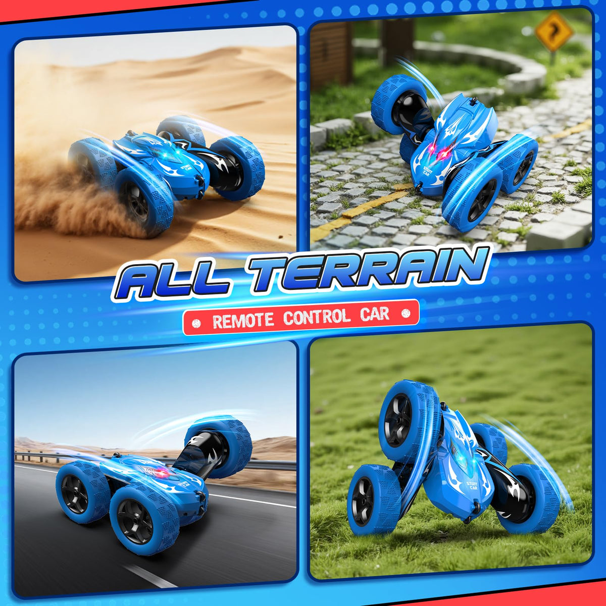 Excitobo remote control car performing a 360° flip for stunts.