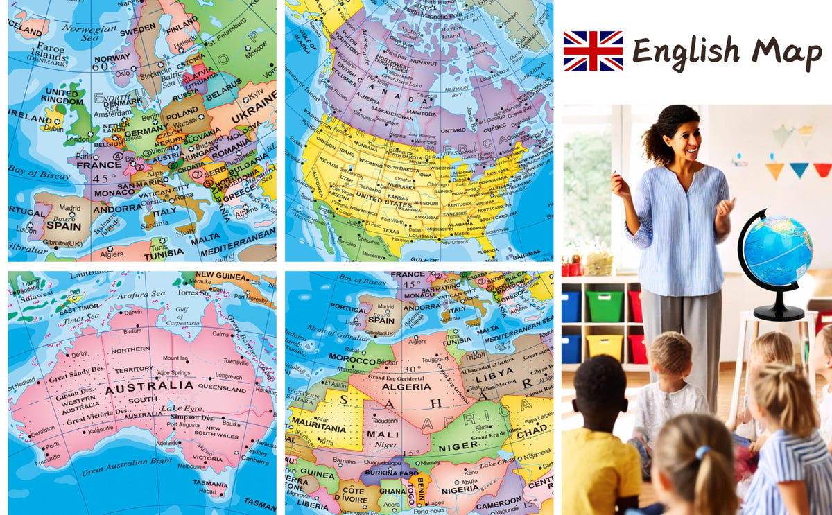 Exerz 8-inch globe continents and capitals shown for geography exploration.