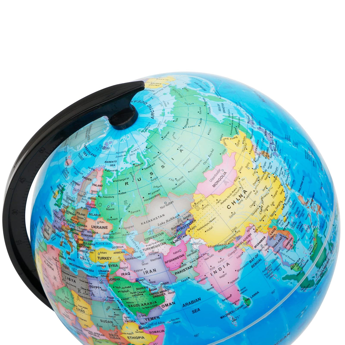 Exerz 8-inch globe diameter reference on a compact desk setup.