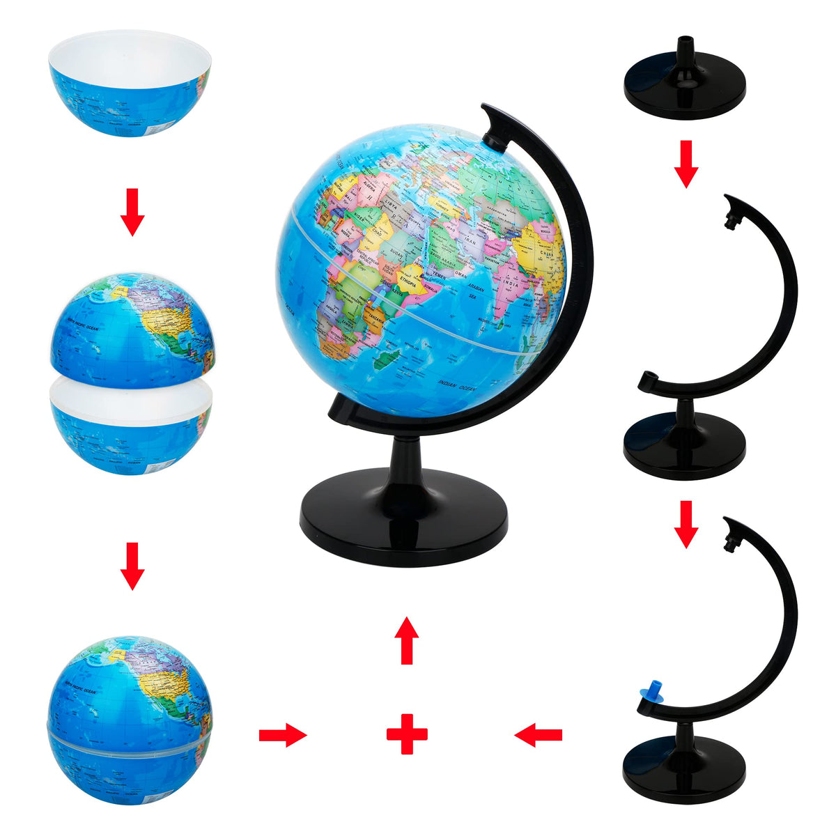 Exerz 8-inch globe political-map detail with borders and capitals visible.