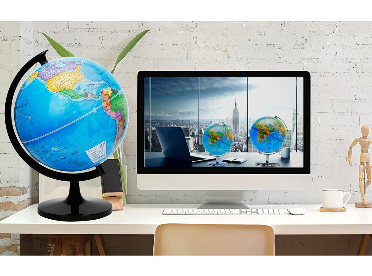 Exerz child interacting with globe encourages curiosity about continents and capitals.