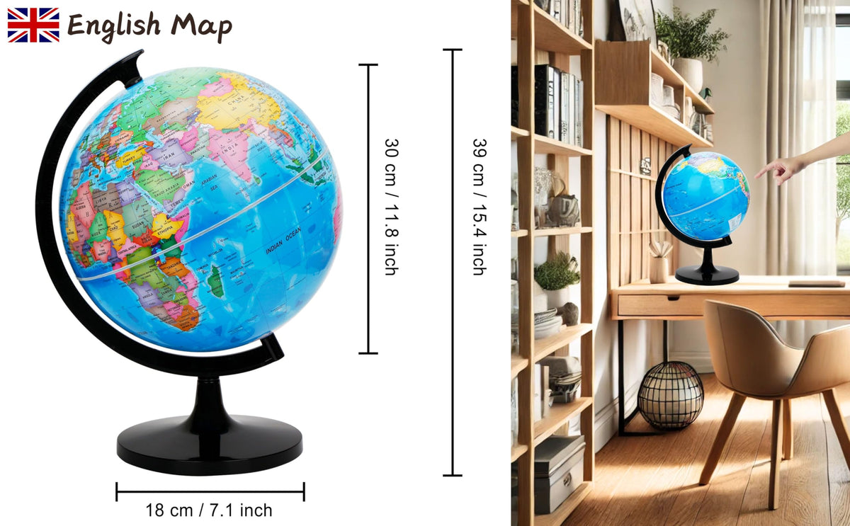 Exerz globe political boundaries close-up highlights countries and capitals for geography practice.