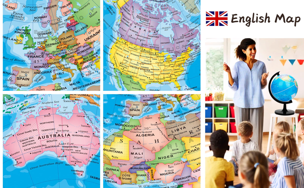 Exerz globe on a sturdy stand shows a reliable 39 cm height for class displays.