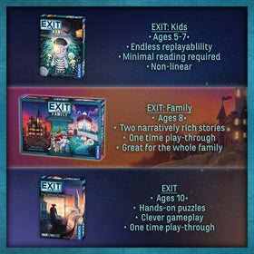 Family-friendly EXIT visuals emphasize puzzles and themed adventures for kids.