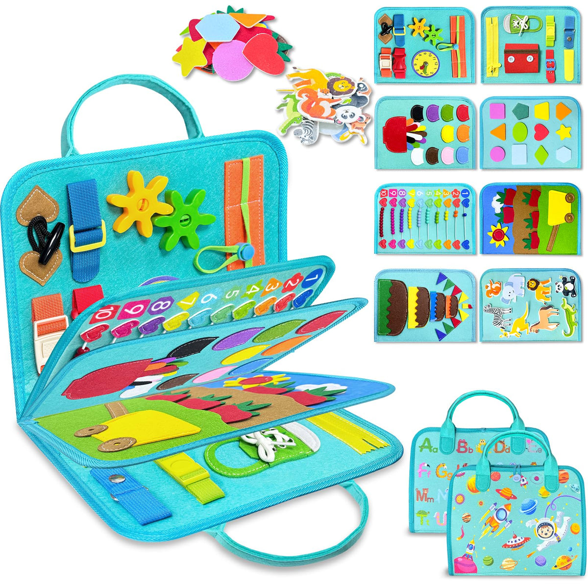 Exorany Busy Board with 8-pages of activities for hands-on toddler learning on the go