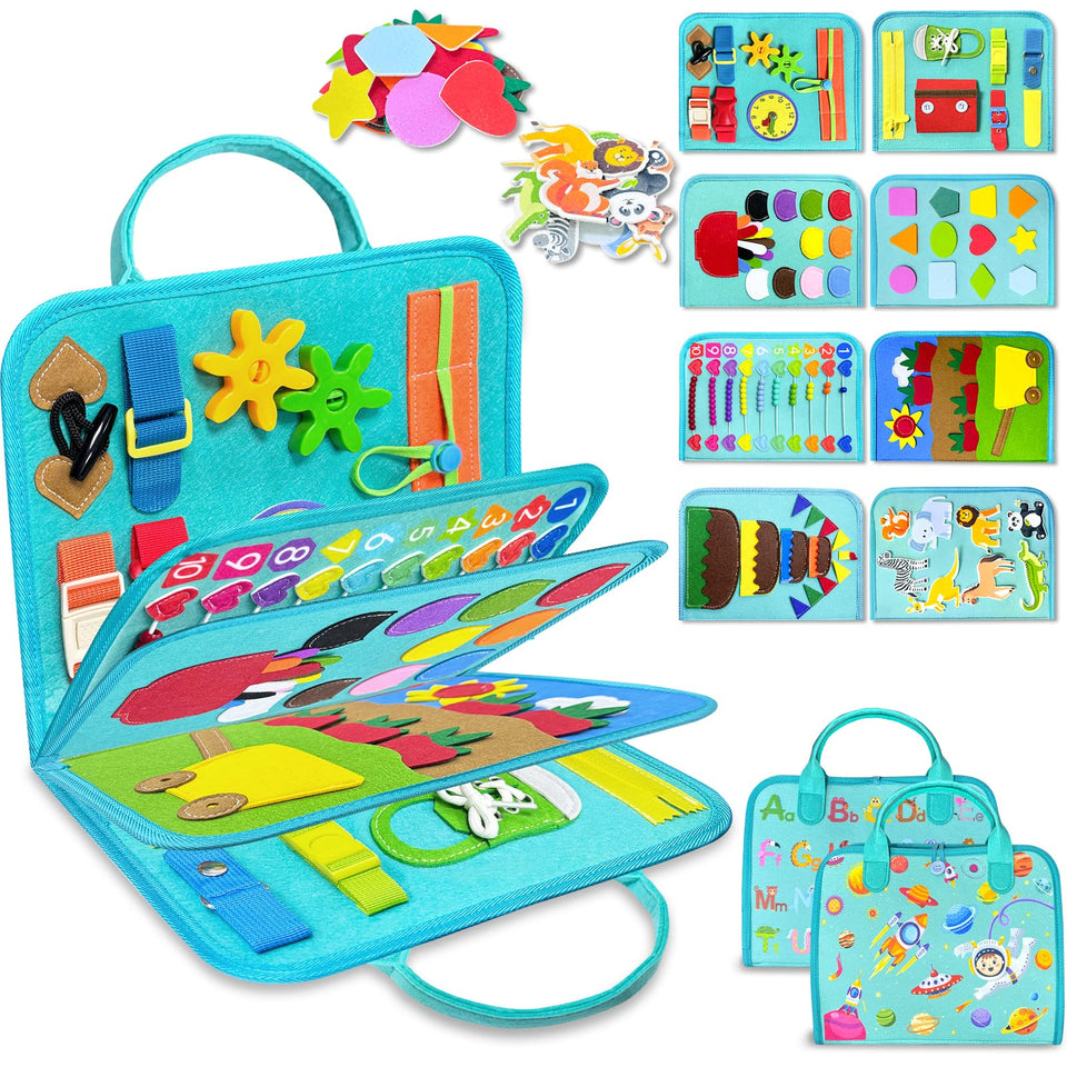 Exorany Busy Board with 8-pages of activities for hands-on toddler learning on the go