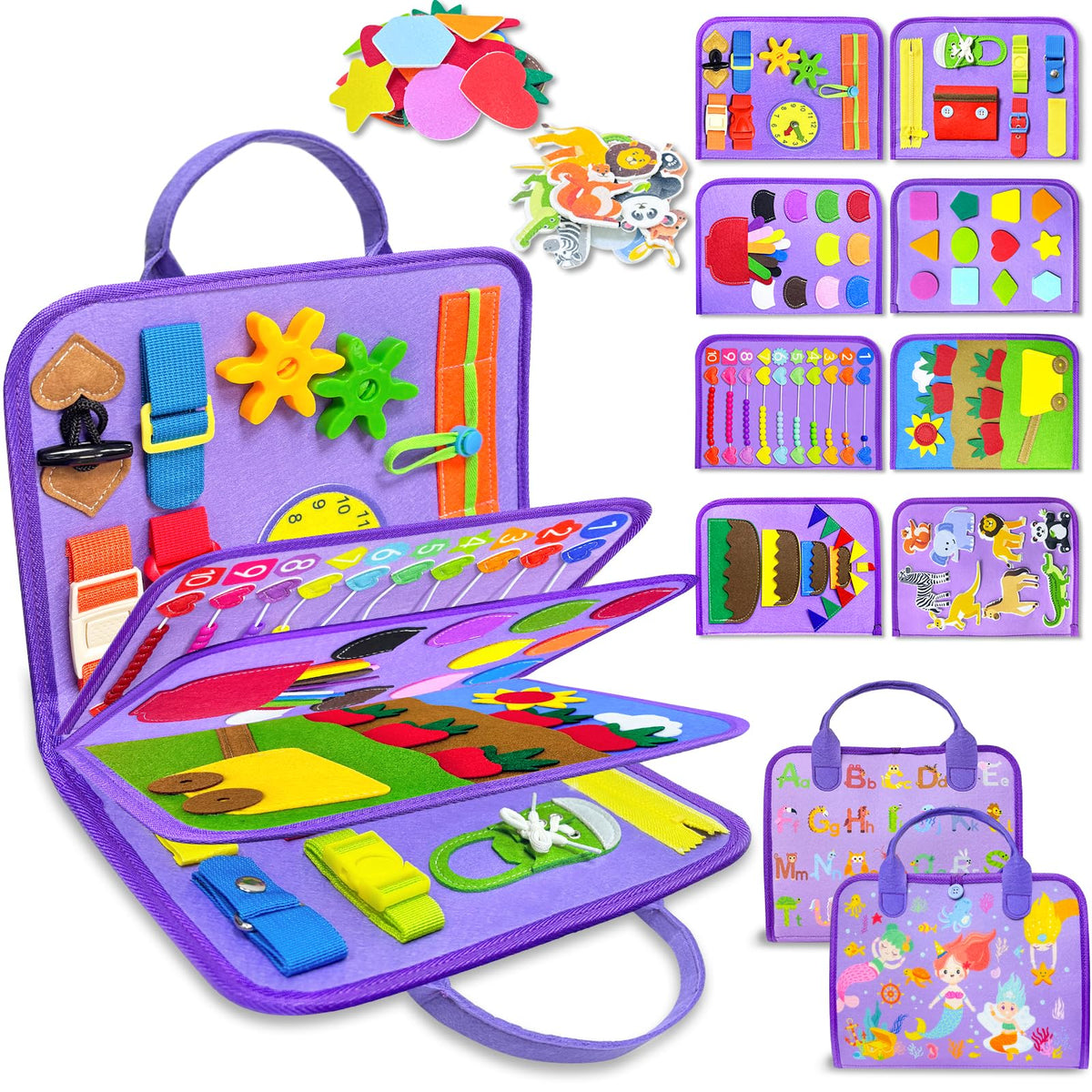 Exorany Busy Board 8 pages offering varied early learning and fine motor practice.