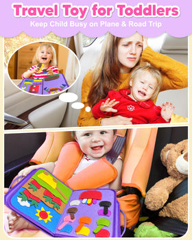 Exorany Busy Board buttons and zipper promote hand-eye coordination during play.
