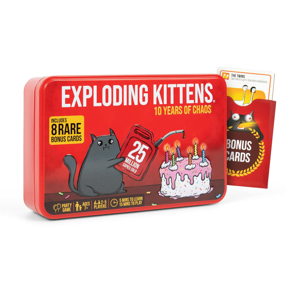 Exploding Kittens 10th Anniversary tin storing all cards for easy game night setup.