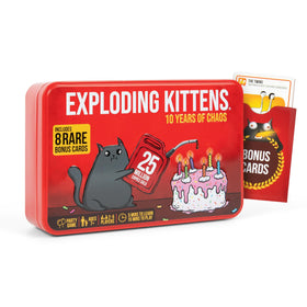 Exploding Kittens 10th Anniversary tin storing all cards for easy game night setup.
