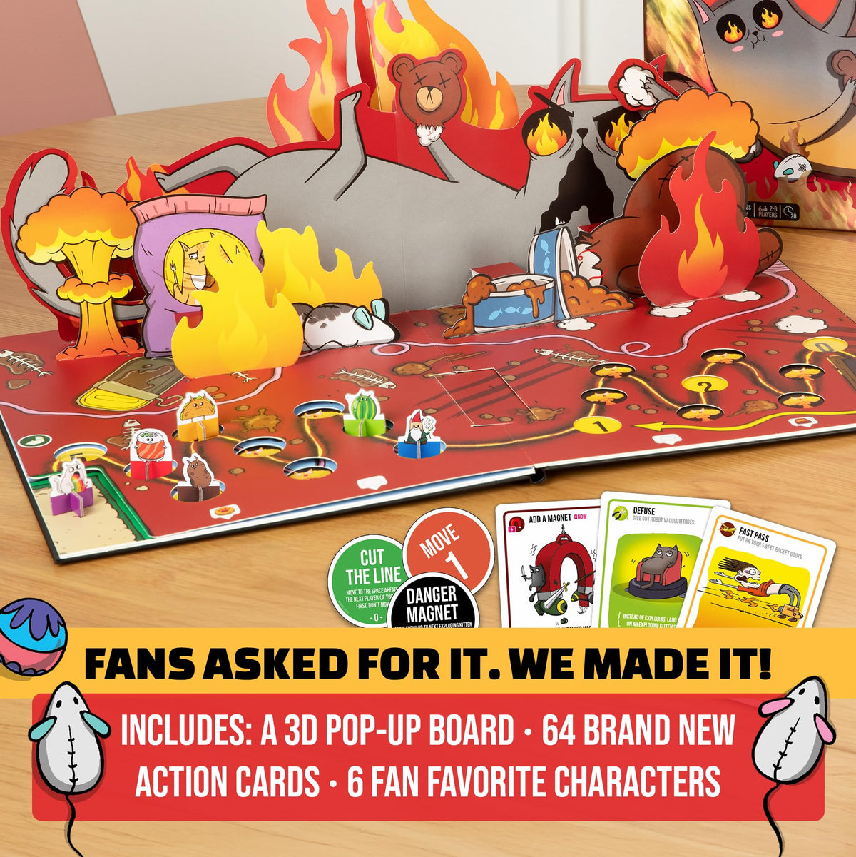 Exploding Kittens action cards laid out for strategic plays and surprising twists.