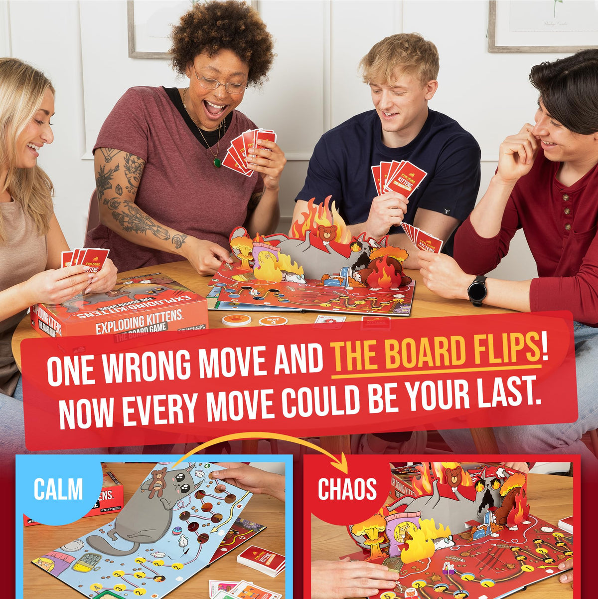 Exploding Kittens character standees line up featuring quirky heroes.