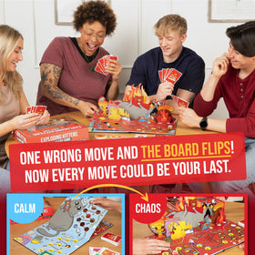 Exploding Kittens character standees line up featuring quirky heroes.