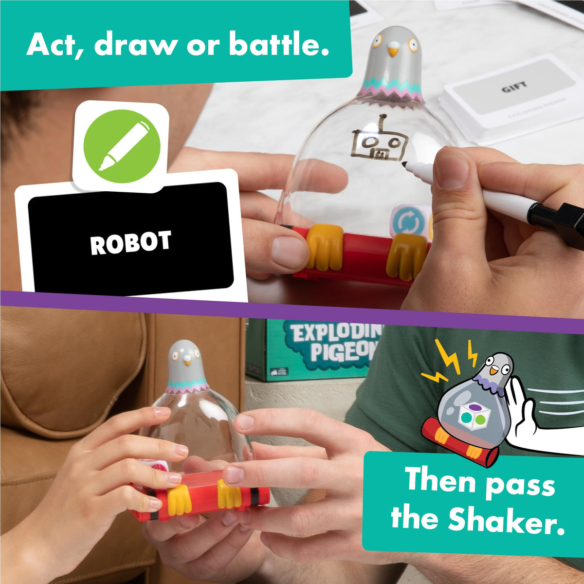 Exploding Pigeon by Exploding Kittens: dry erase marker for on-the-spot sketches.