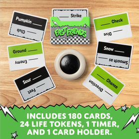 Exploding Kittens Fast Friends game setup image highlights quick assembly for family game night