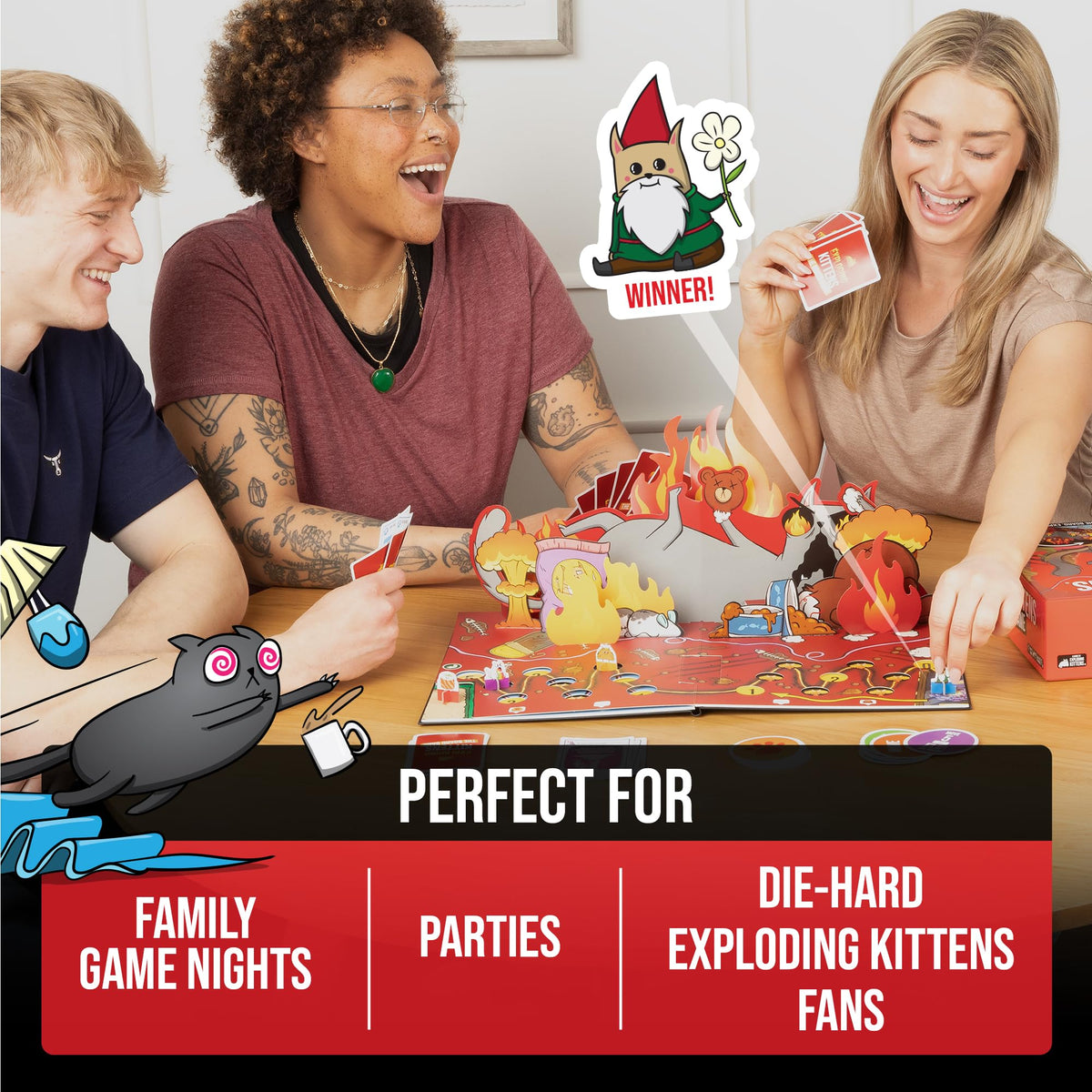 Exploding Kittens game night setup shows friends enjoying a fast-paced round.
