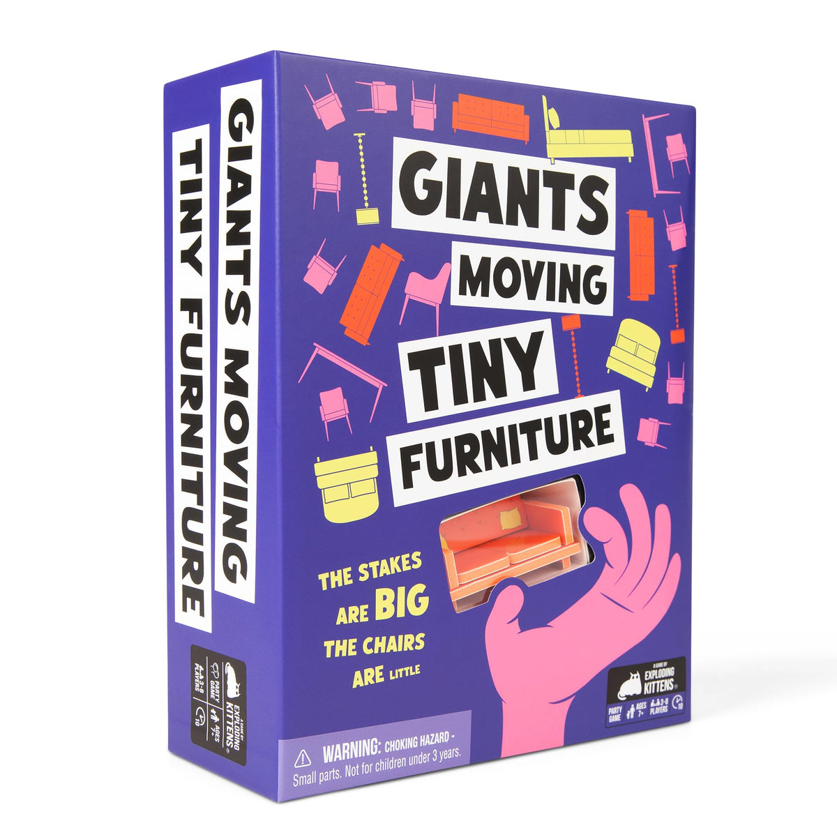 Exploding Kittens Giants Moving Tiny Furniture box shows family-friendly packaging ideal for game nights.