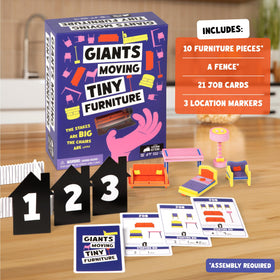 Exploding Kittens Giants Moving Tiny Furniture game night visuals invite parties and family-friendly fun.