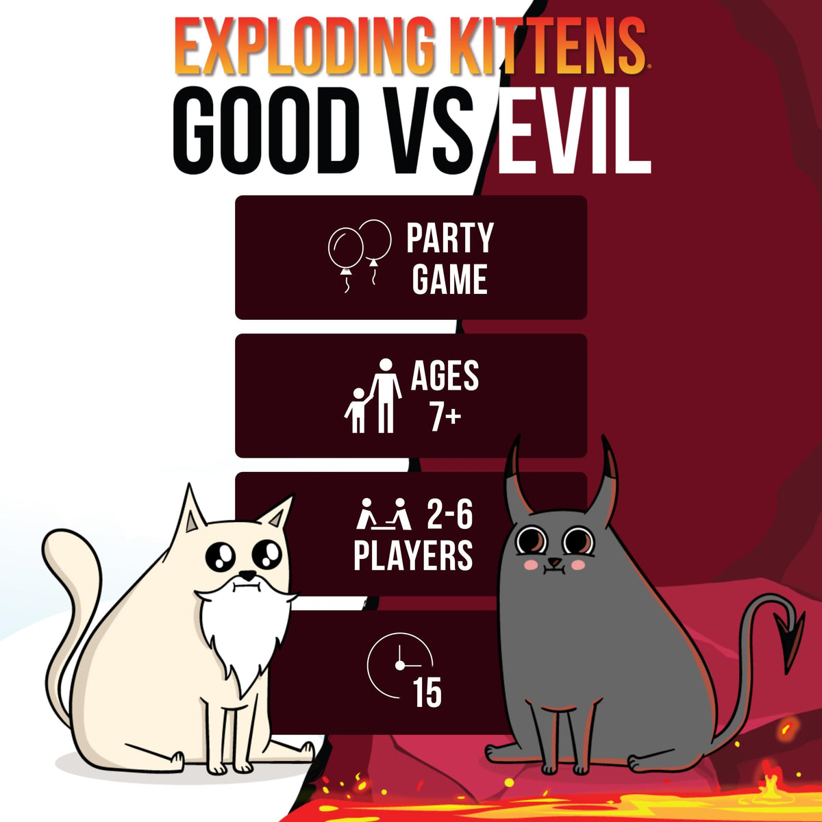 Exploding Kittens Good vs Evil card artwork with bold, humorous illustrations