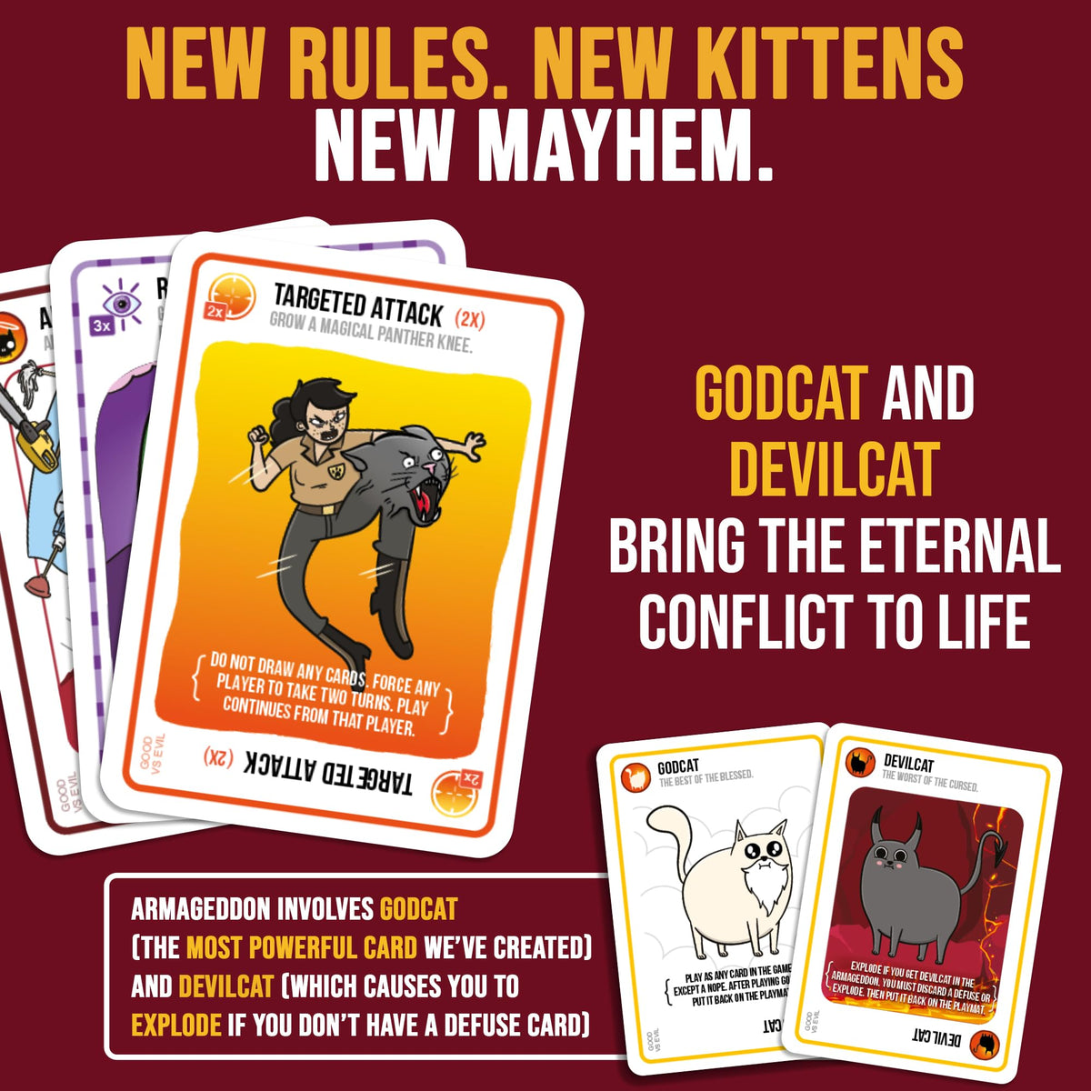 Exploding Kittens Good vs Evil godcat-devilcat cards for playful myth-themed battles