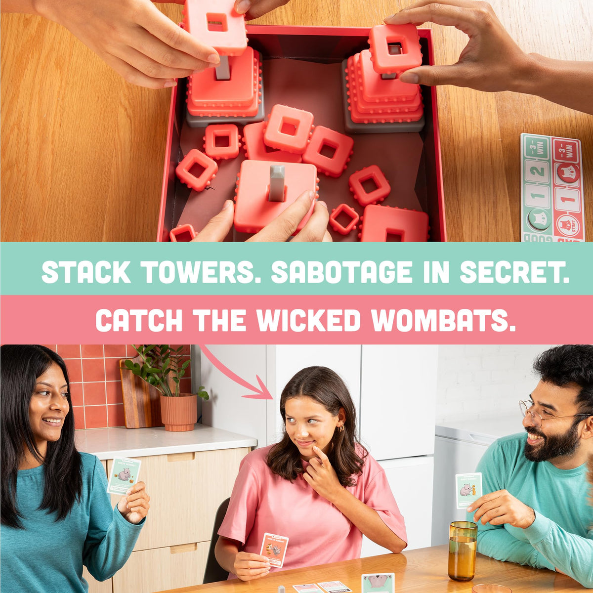 Exploding Kittens Hand to Hand Wombat sabotage cards disrupting a tower