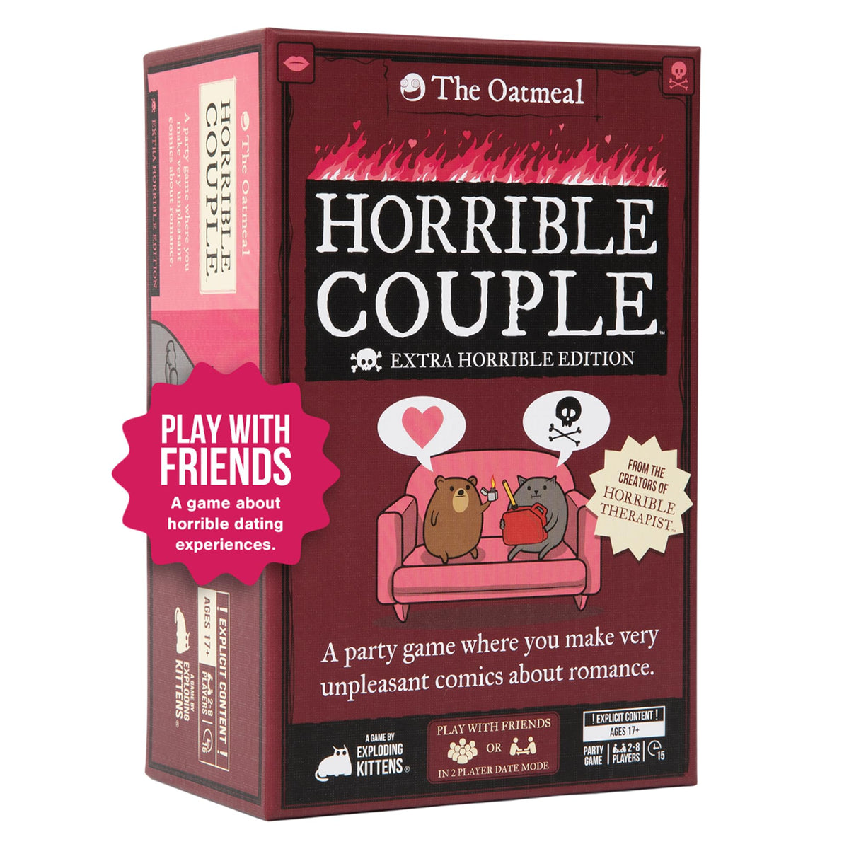 Exploding Kittens Horrible Couple Extra Horrible Edition box for quick, chaotic game nights.