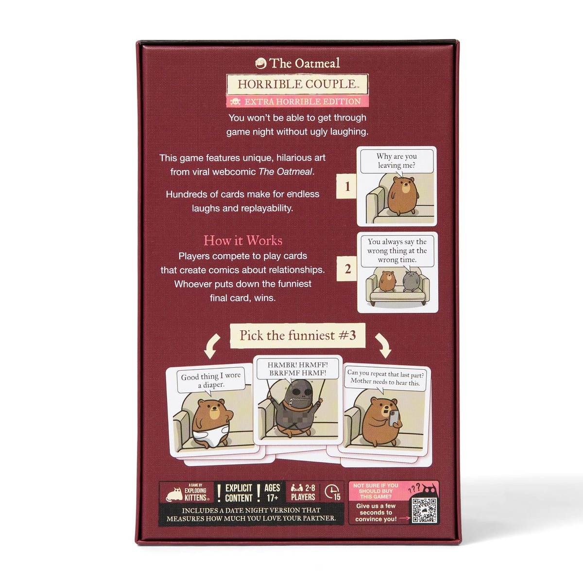 Exploding Kittens Horrible Couple game-night setup highlights versatile group fun.
