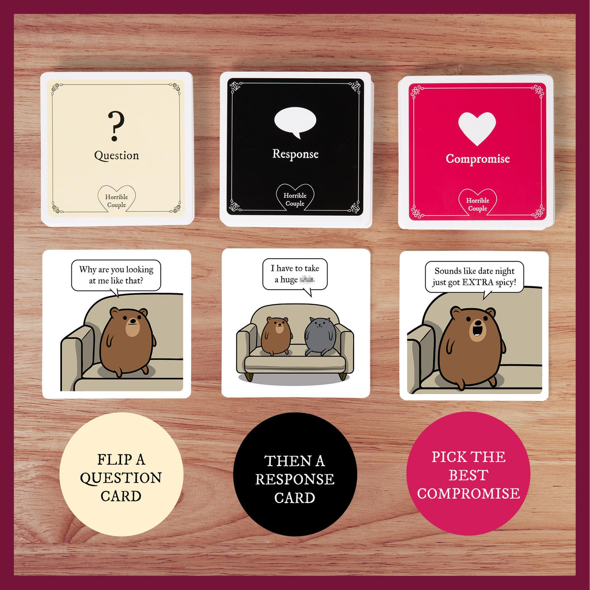 Exploding Kittens Horrible Couple answer cards fuel witty, unexpected punchlines.