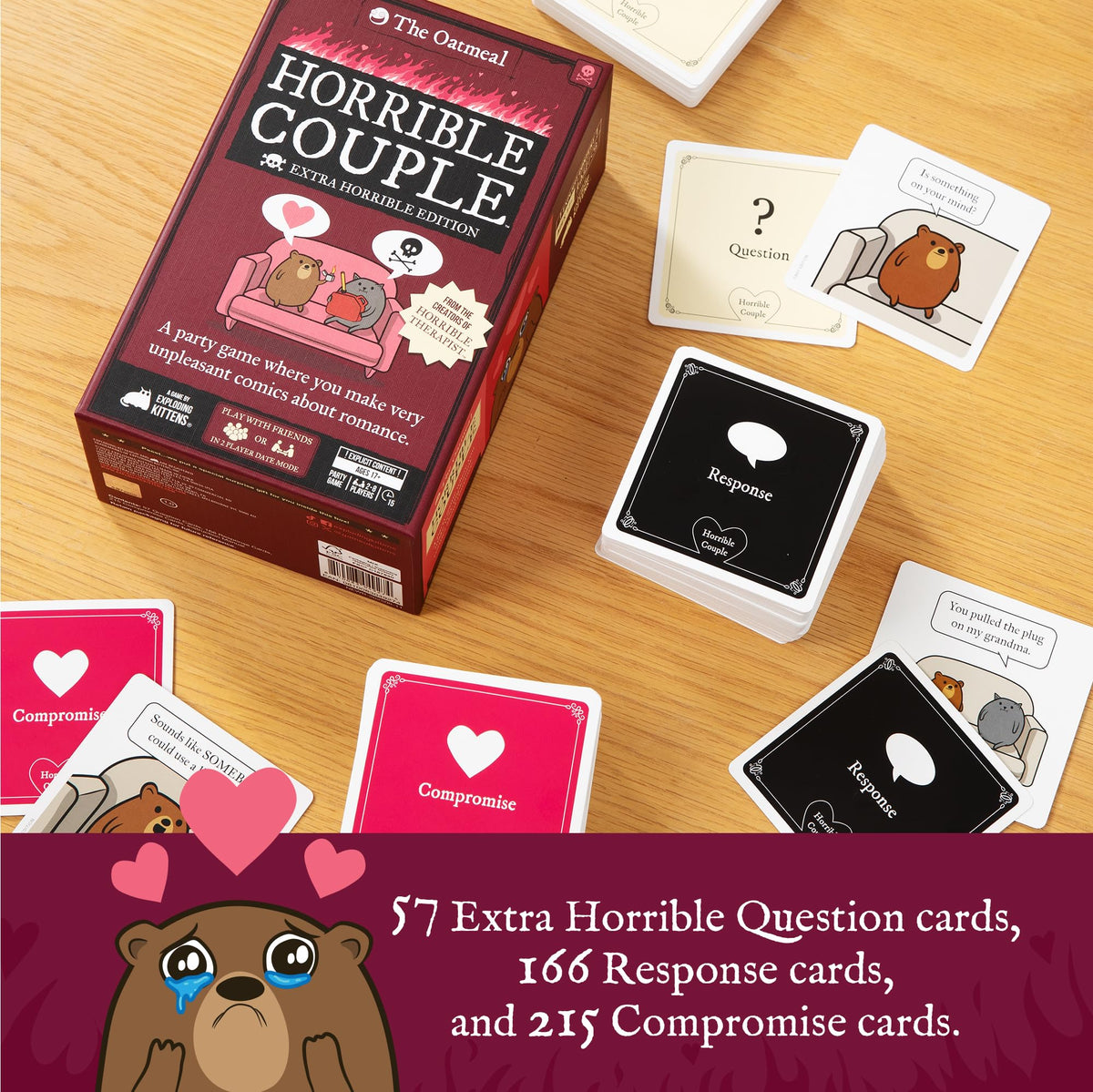 Exploding Kittens Horrible Couple two-player setup shows flexible couple-focused play.