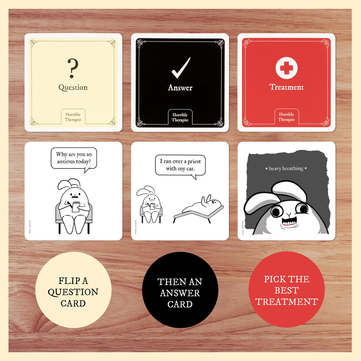 Exploding Kittens Horrible Therapist answer cards designed for quick banter