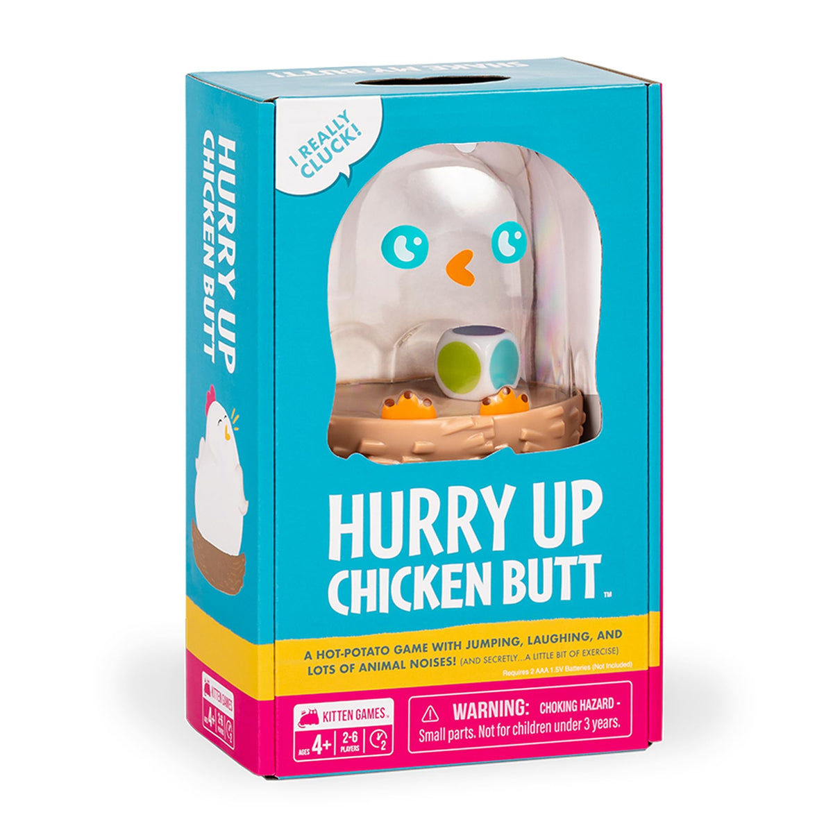 Exploding Kittens Hurry Up Chicken Butt chicken shaker ready for family fun.