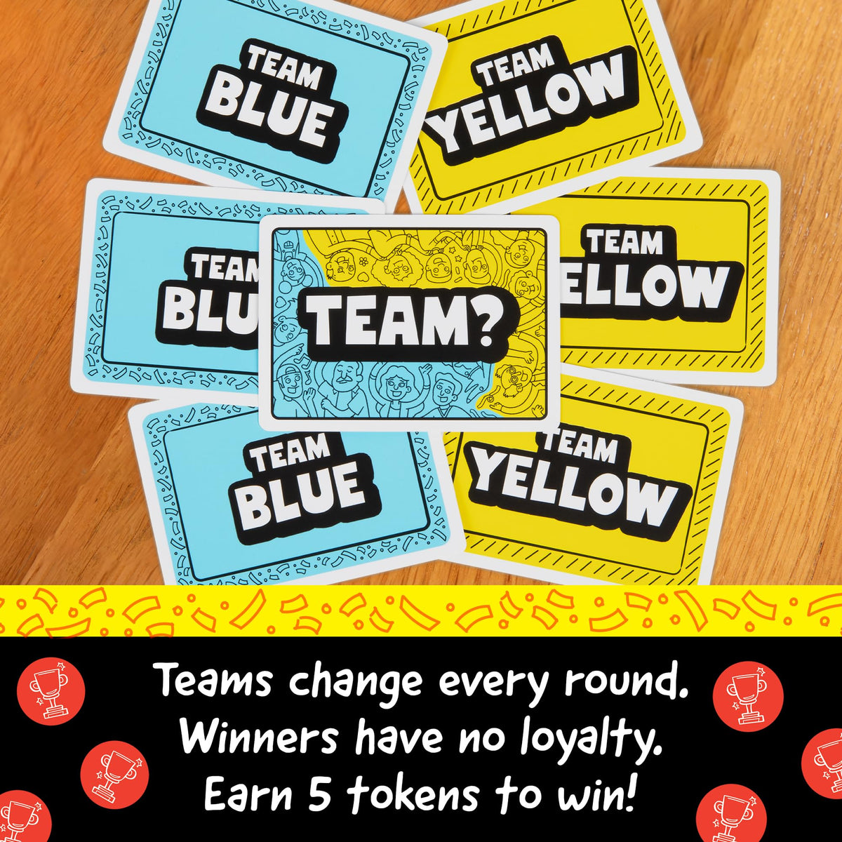 Exploding Kittens No Loyalty play area set up for 4 to 20 players
