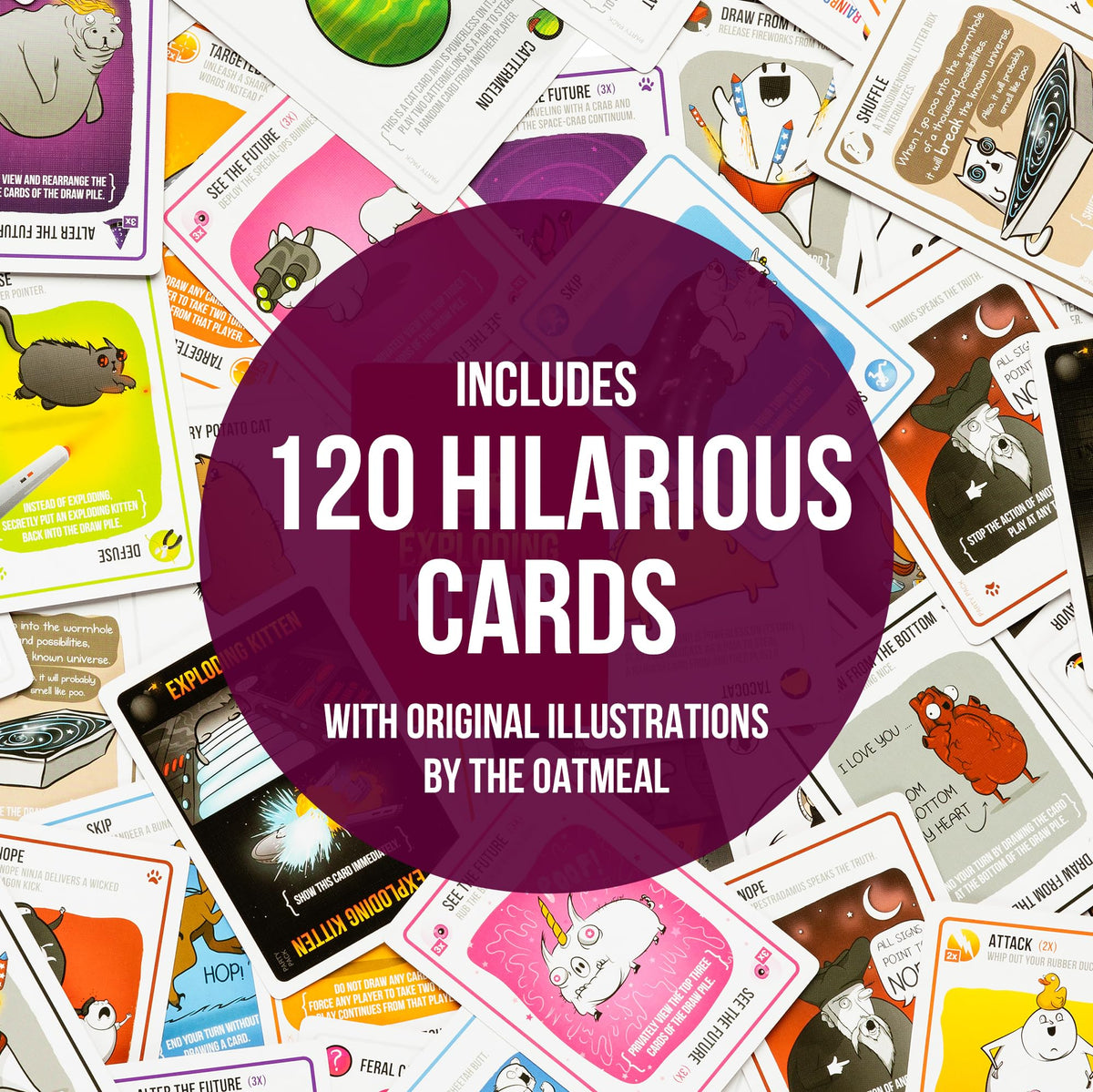 Exploding Kittens Party Pack cards spread features bold illustrations for quick rounds.