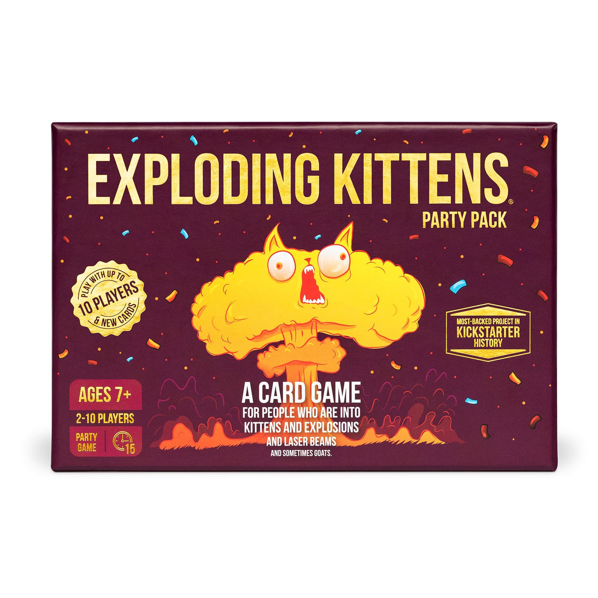 Exploding Kittens Party Pack front cover shows chaotic family fun.