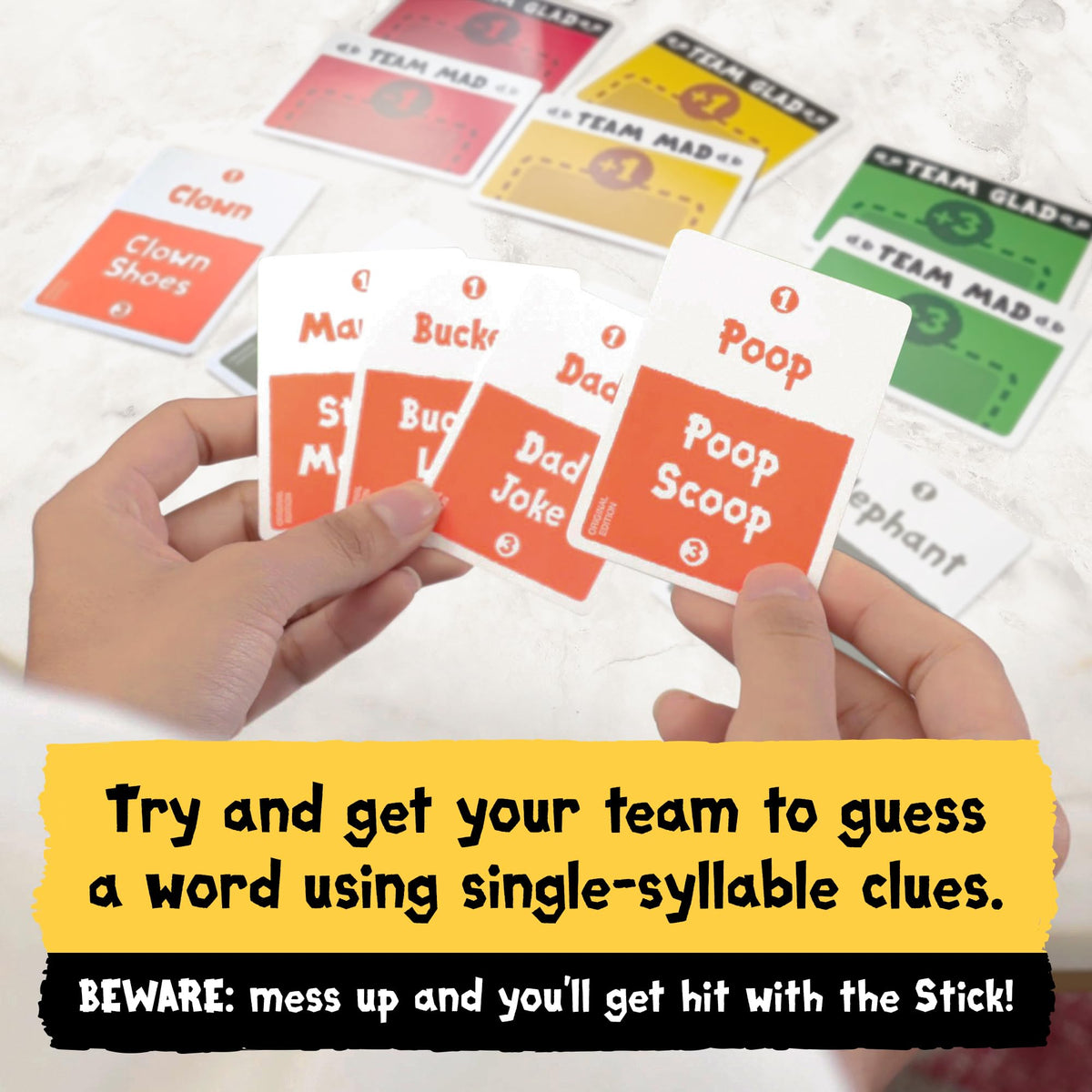 Exploding Kittens Poetry for Neanderthals components shown for a family game