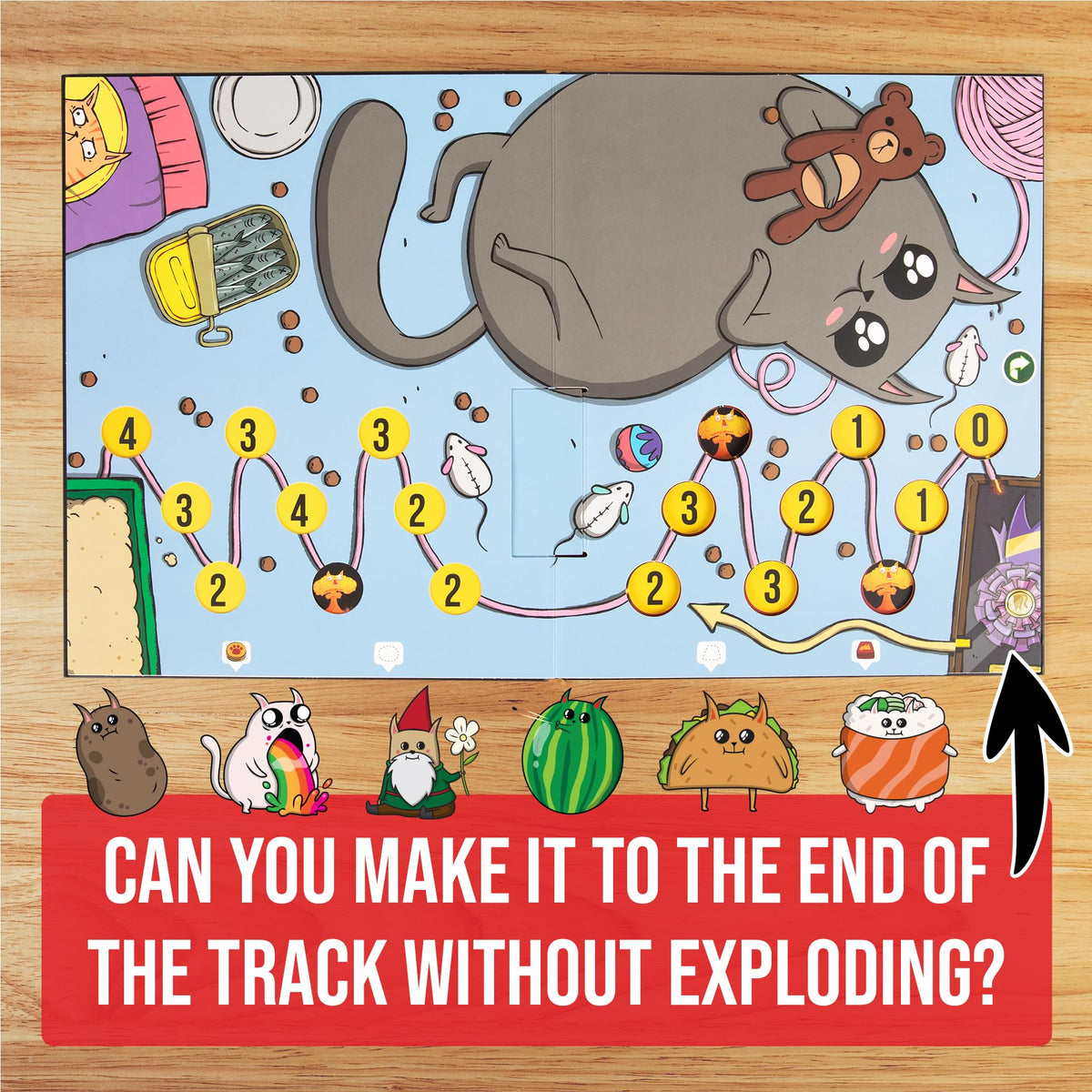 Exploding Kittens pop-up game board captured mid-flip for dramatic shifts.
