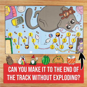 Exploding Kittens pop-up game board captured mid-flip for dramatic shifts.