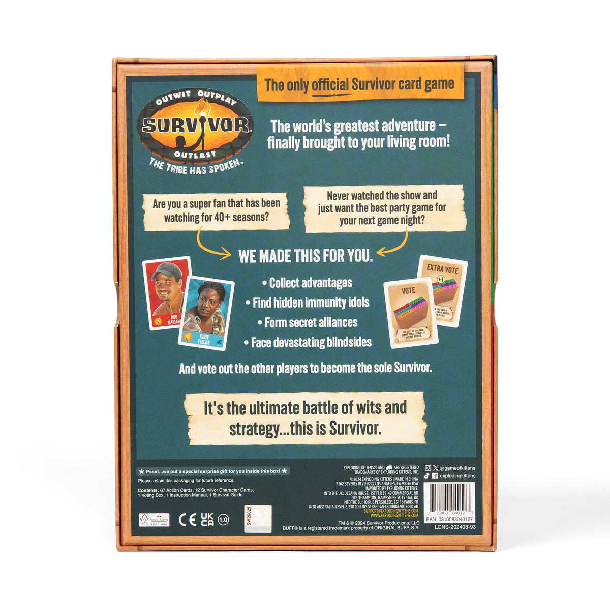 Exploding Kittens Survivor character cards display the tribe lineup for quick setup.