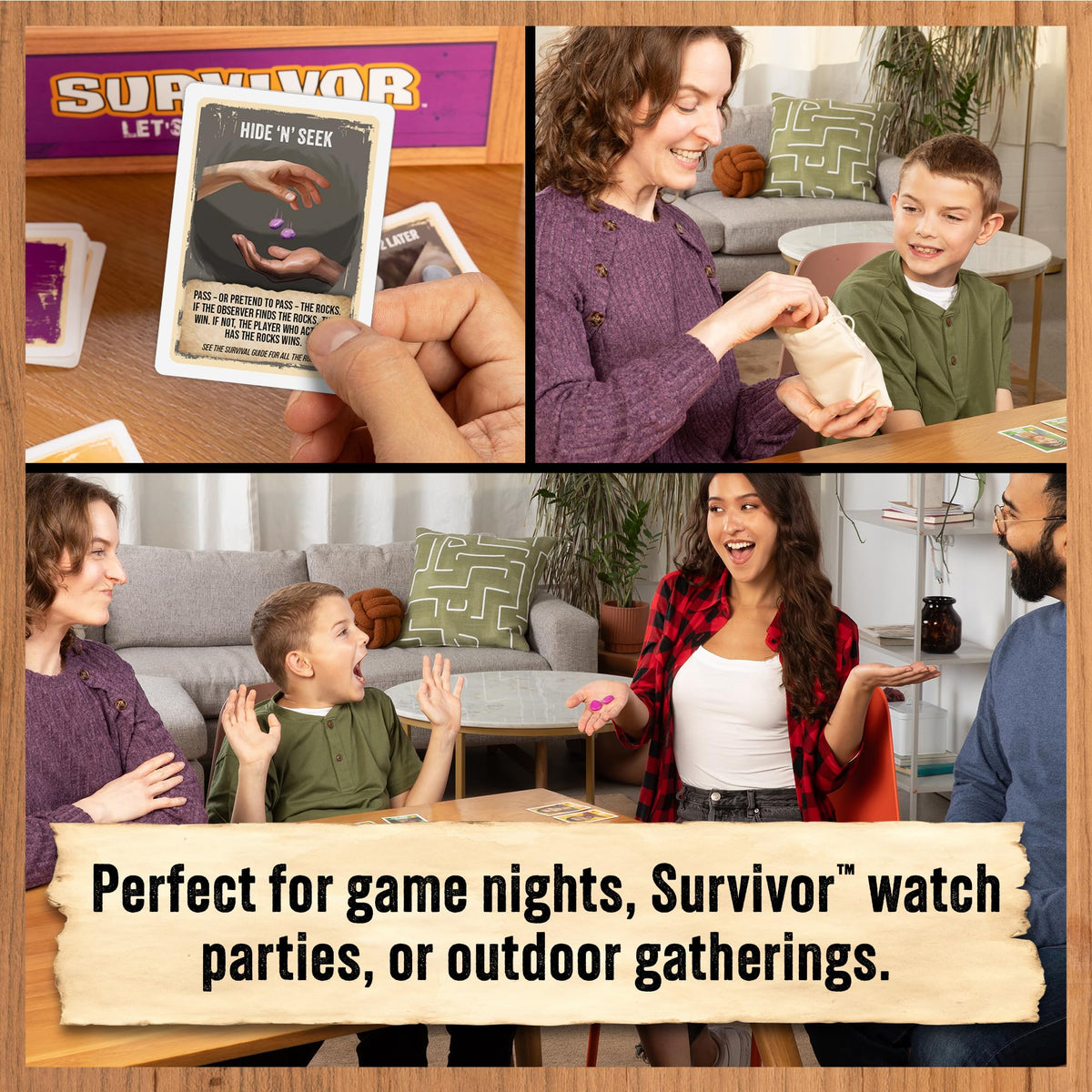 Exploding Kittens Survivor cloth bag holding rocks and cards neatly