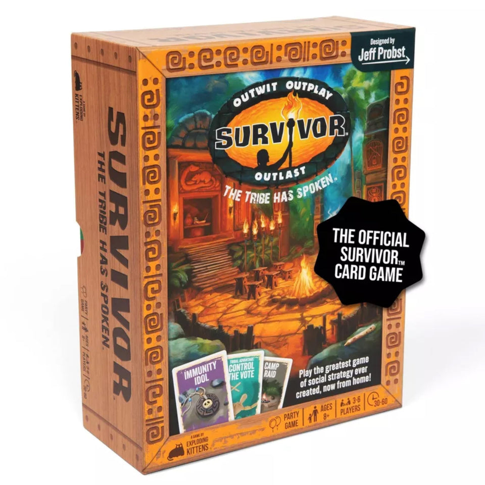 Exploding Kittens Survivor Has Spoken cover art, ideal for lively family game nights.