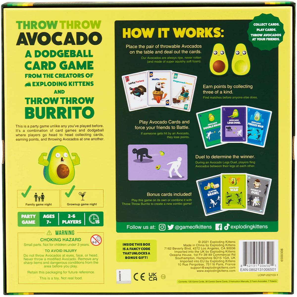 Exploding Kittens Throw Throw Avocado packs compactly for portable fun at gatherings.