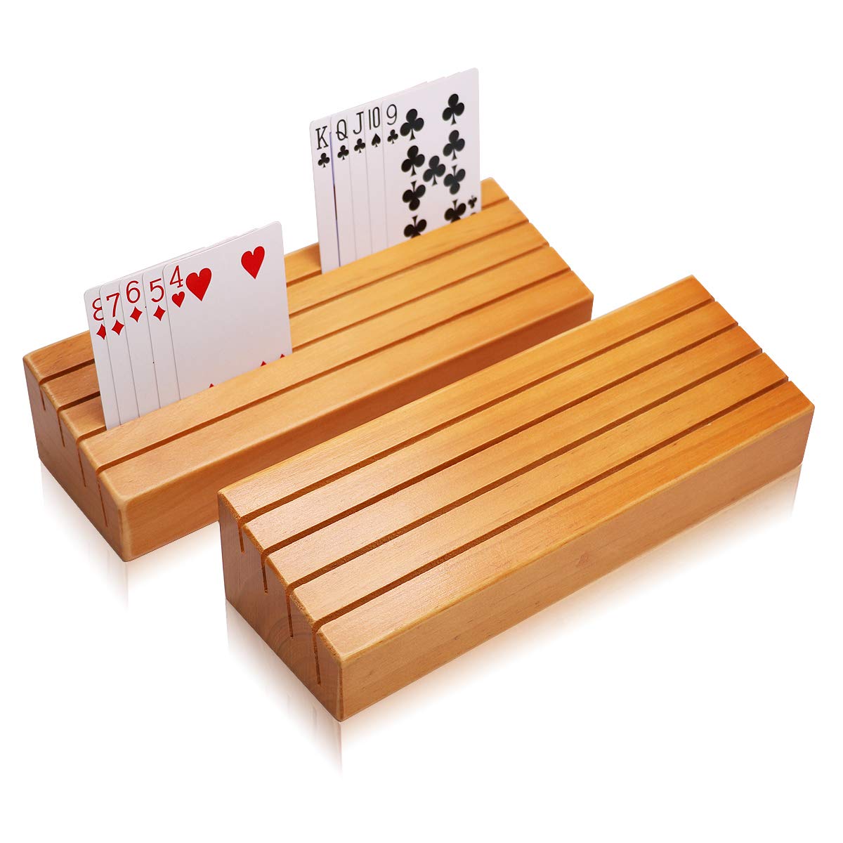 Exqline wood card holders tray setup keeps cards visible for quick access during games.