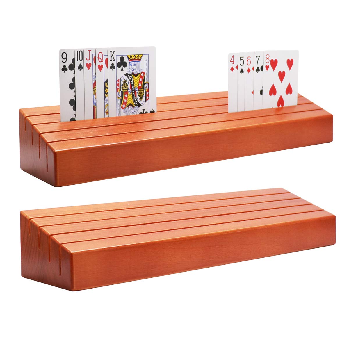 Exqline wooden card holder set of two, side view showing four-slot design for easy visibility