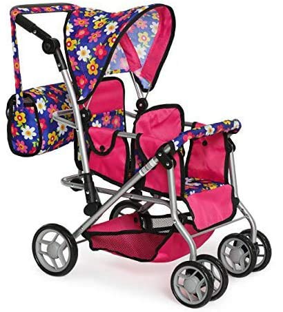 Exquisite Buggy twin doll stroller with flower design on pink, perfect for imaginative play.