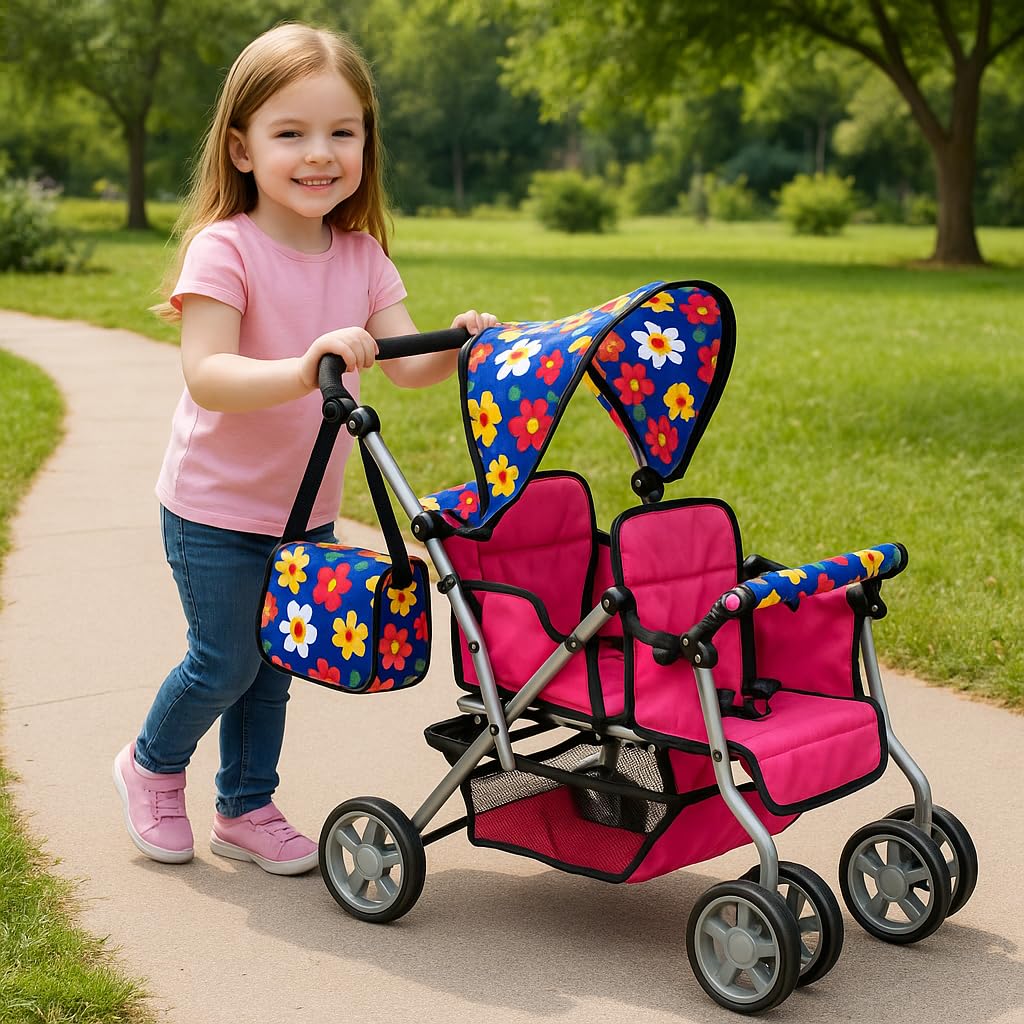 Exquisite Buggy twin doll stroller foldable design for easy storage during trips.