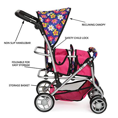 Exquisite Buggy twin doll stroller includes storage basket and matching diaper bag.