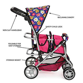 Exquisite Buggy twin doll stroller includes storage basket and matching diaper bag.